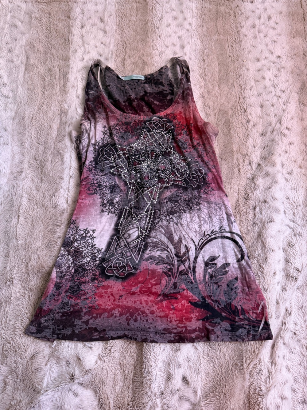 Vintage Pink Red Ombre Tank with Jeweled Cross